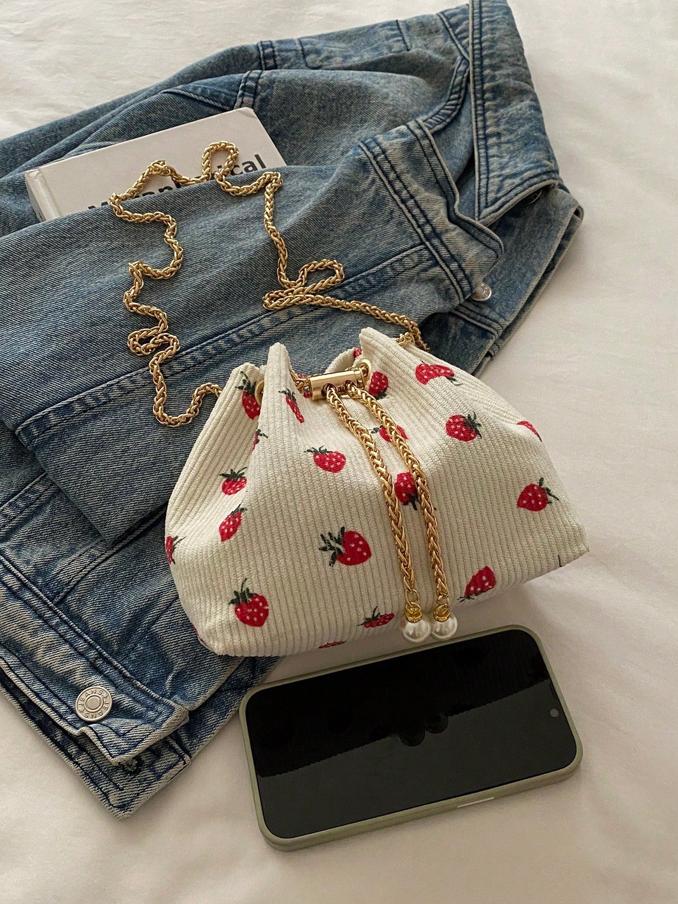 Fashion Solid Color Hollow Out Woven Chain Drawstring Mini Crossbody Bucket Bag