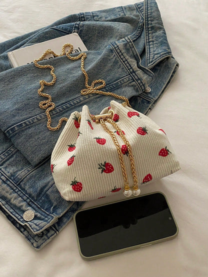 Fashion Solid Color Hollow Out Woven Chain Drawstring Mini Crossbody Bucket Bag