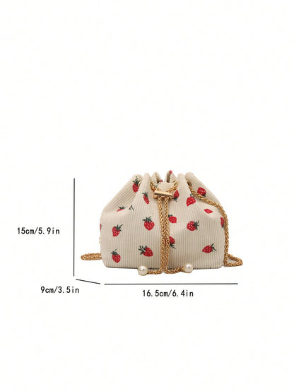 Fashion Solid Color Hollow Out Woven Chain Drawstring Mini Crossbody Bucket Bag