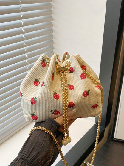 Fashion Solid Color Hollow Out Woven Chain Drawstring Mini Crossbody Bucket Bag