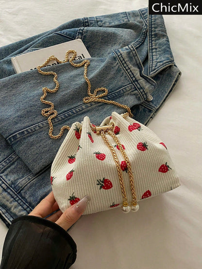 Fashion Solid Color Hollow Out Woven Chain Drawstring Mini Crossbody Bucket Bag
