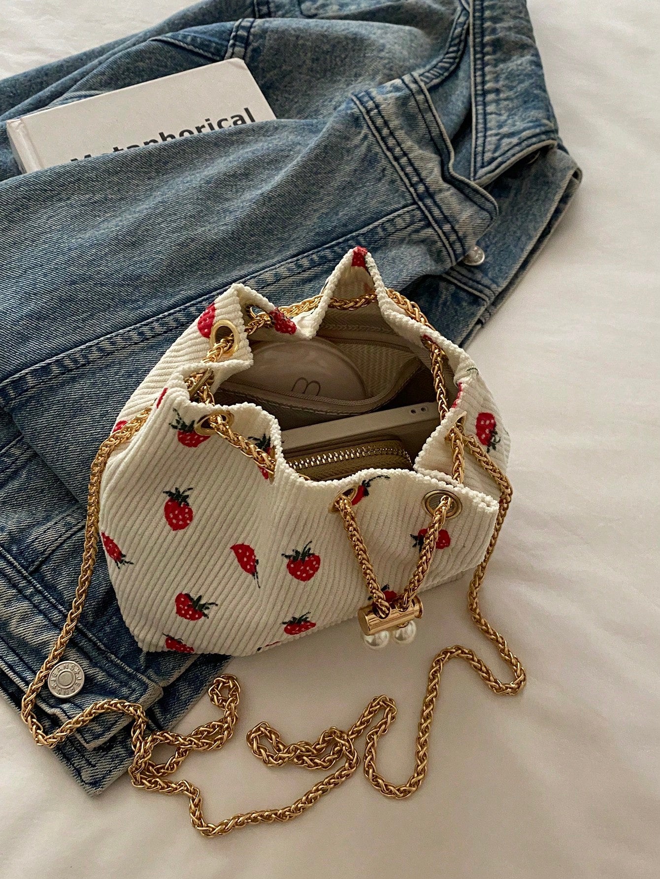 Fashion Solid Color Hollow Out Woven Chain Drawstring Mini Crossbody Bucket Bag