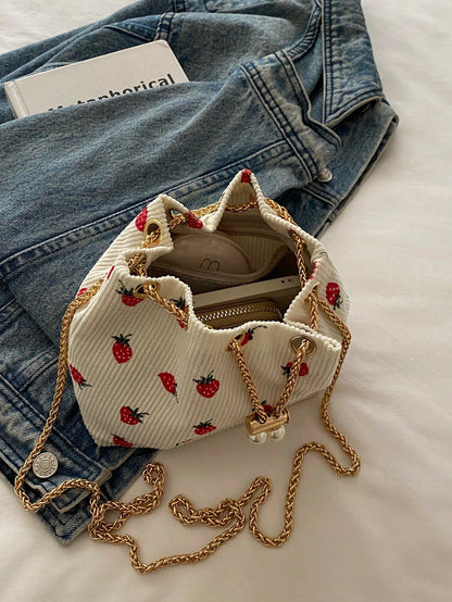 Fashion Solid Color Hollow Out Woven Chain Drawstring Mini Crossbody Bucket Bag