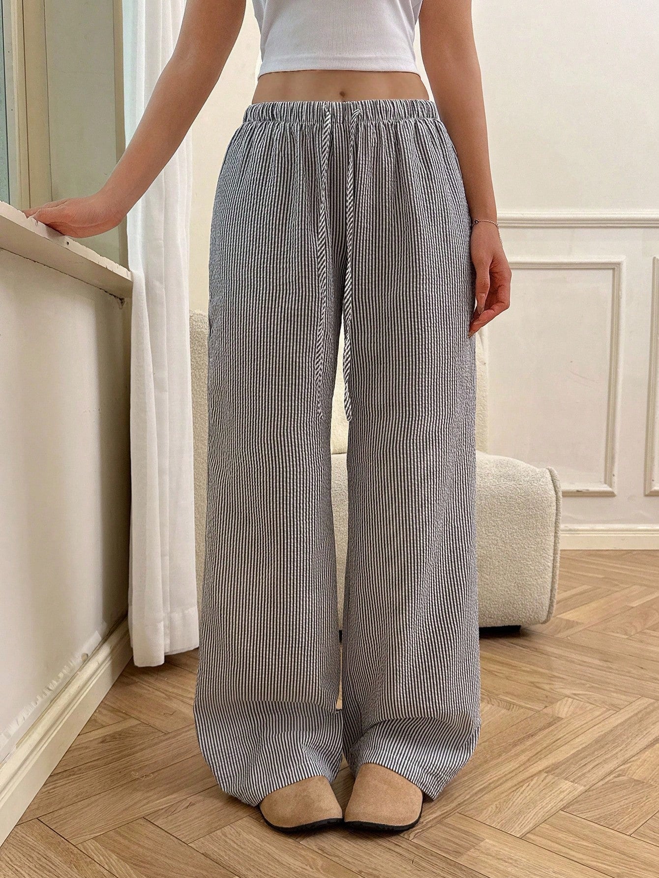 Flirla Pink Cotton Drawstring Waist Straight Leg Pants, Fashion Casual Home Wear For Women, Spring Fall Cloth For Women