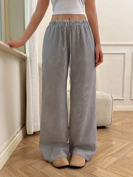 Flirla Pink Cotton Drawstring Waist Straight Leg Pants, Fashion Casual Home Wear For Women, Spring Fall Cloth For Women