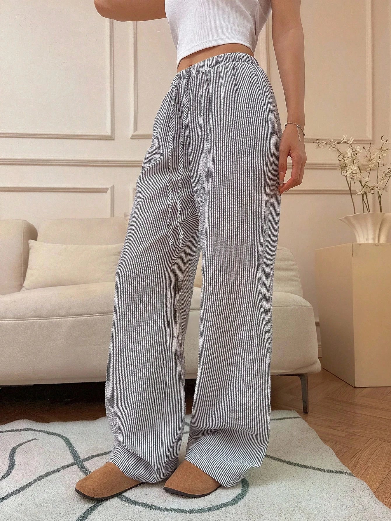 Flirla Pink Cotton Drawstring Waist Straight Leg Pants, Fashion Casual Home Wear For Women, Spring Fall Cloth For Women