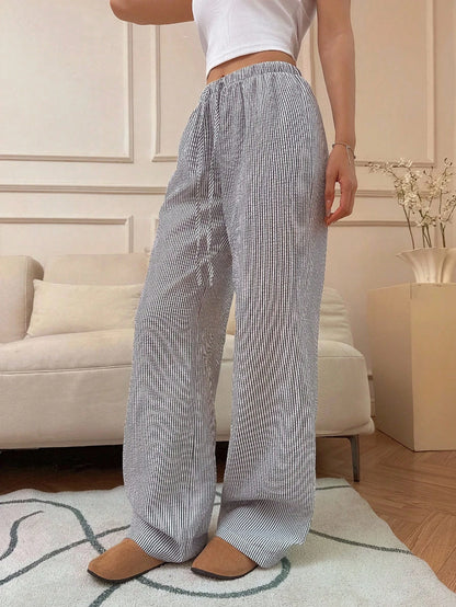 Flirla Pink Cotton Drawstring Waist Straight Leg Pants, Fashion Casual Home Wear For Women, Spring Fall Cloth For Women