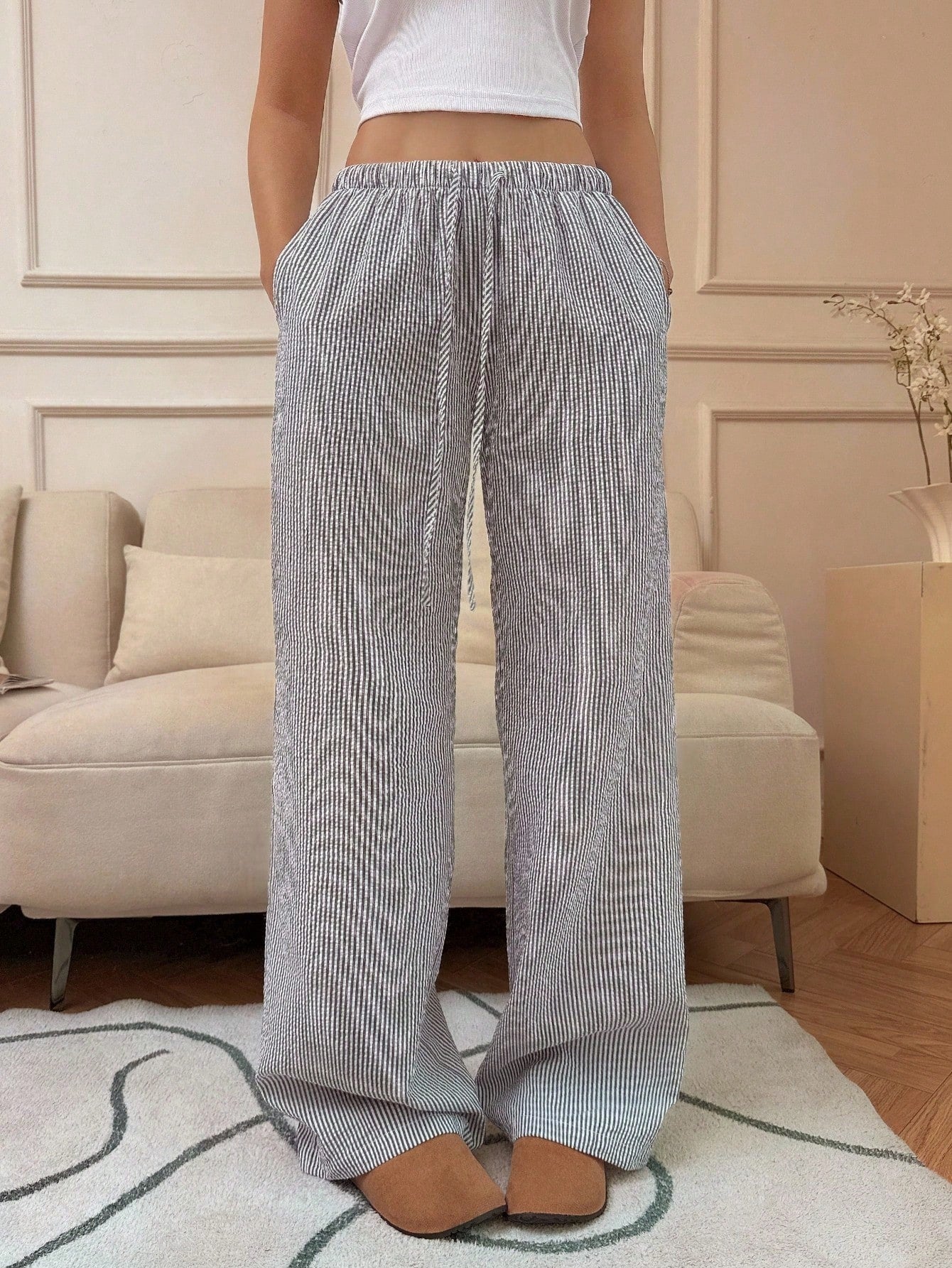 Flirla Pink Cotton Drawstring Waist Straight Leg Pants, Fashion Casual Home Wear For Women, Spring Fall Cloth For Women