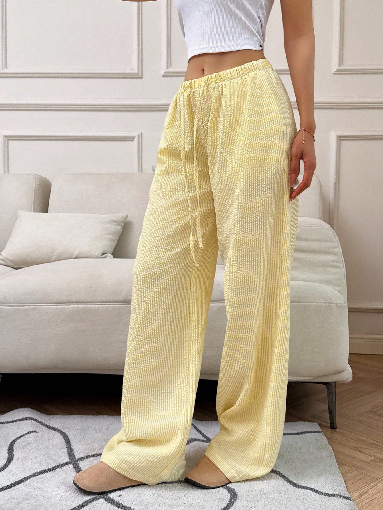 Flirla Pink Cotton Drawstring Waist Straight Leg Pants, Fashion Casual Home Wear For Women, Spring Fall Cloth For Women