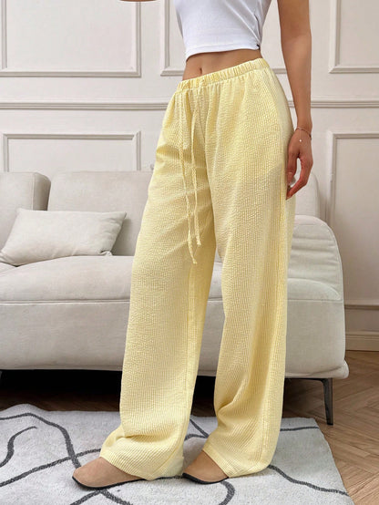 Flirla Pink Cotton Drawstring Waist Straight Leg Pants, Fashion Casual Home Wear For Women, Spring Fall Cloth For Women