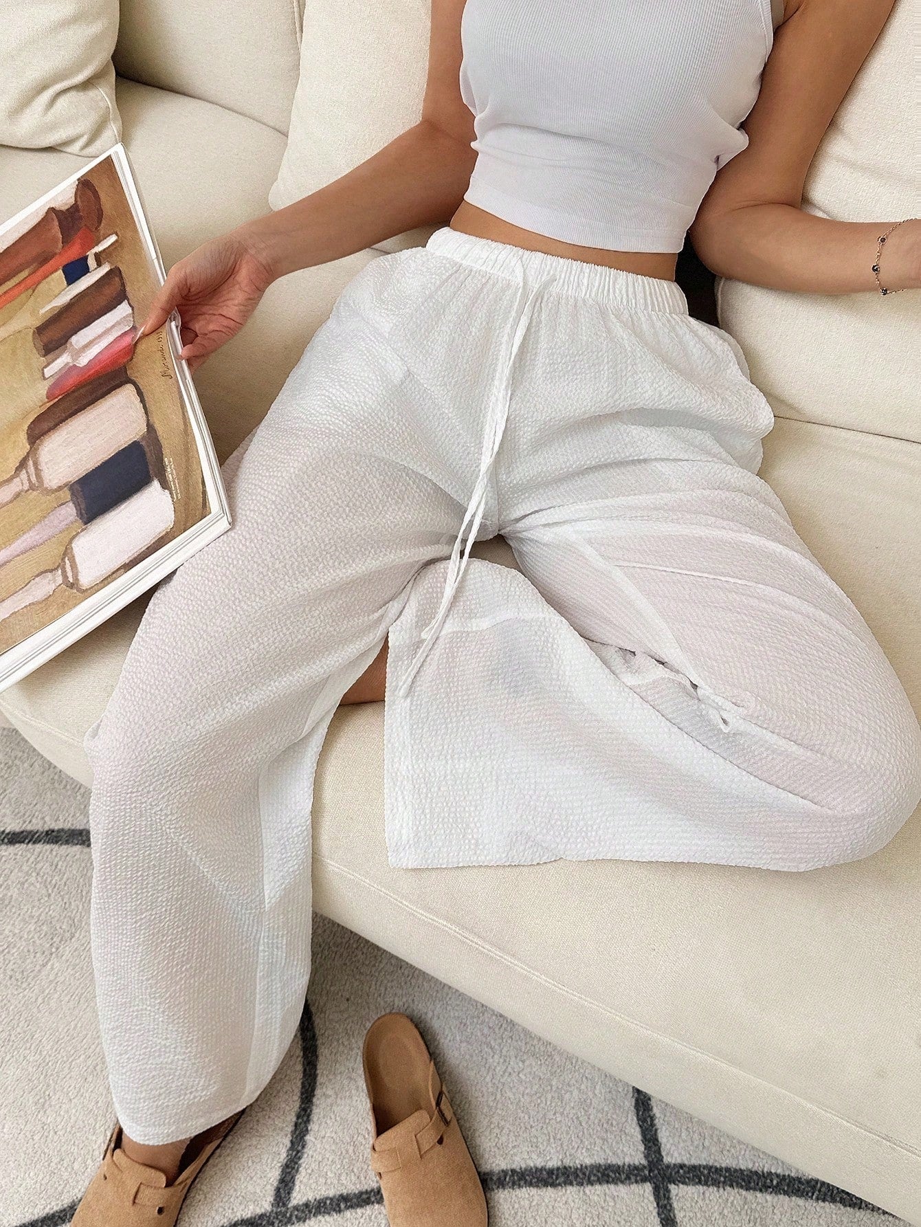 Flirla Pink Cotton Drawstring Waist Straight Leg Pants, Fashion Casual Home Wear For Women, Spring Fall Cloth For Women