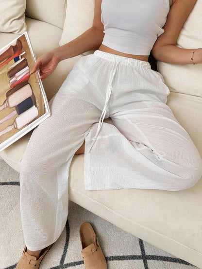 Flirla Pink Cotton Drawstring Waist Straight Leg Pants, Fashion Casual Home Wear For Women, Spring Fall Cloth For Women