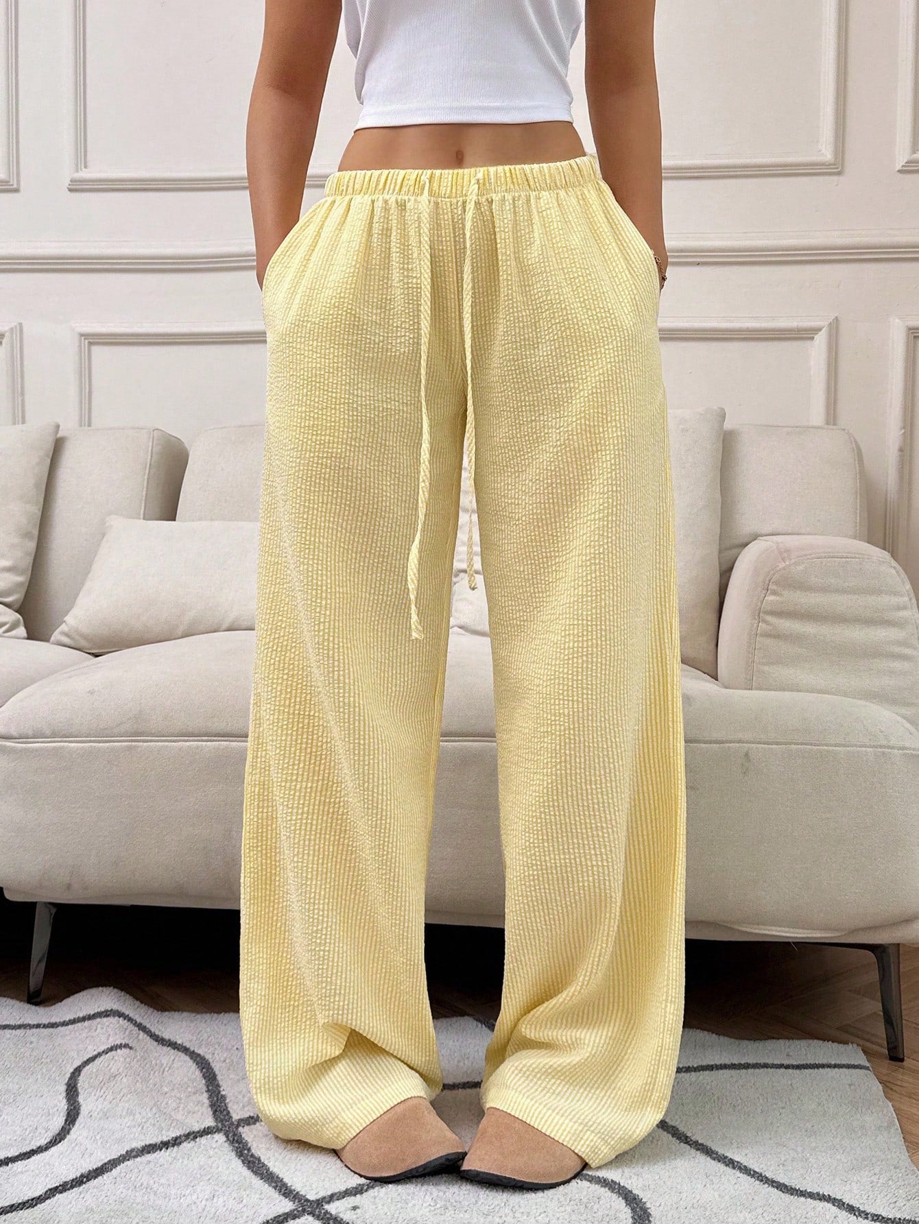 Flirla Pink Cotton Drawstring Waist Straight Leg Pants, Fashion Casual Home Wear For Women, Spring Fall Cloth For Women