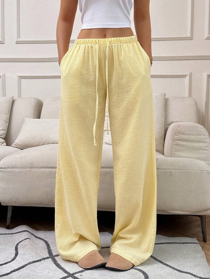 Flirla Pink Cotton Drawstring Waist Straight Leg Pants, Fashion Casual Home Wear For Women, Spring Fall Cloth For Women