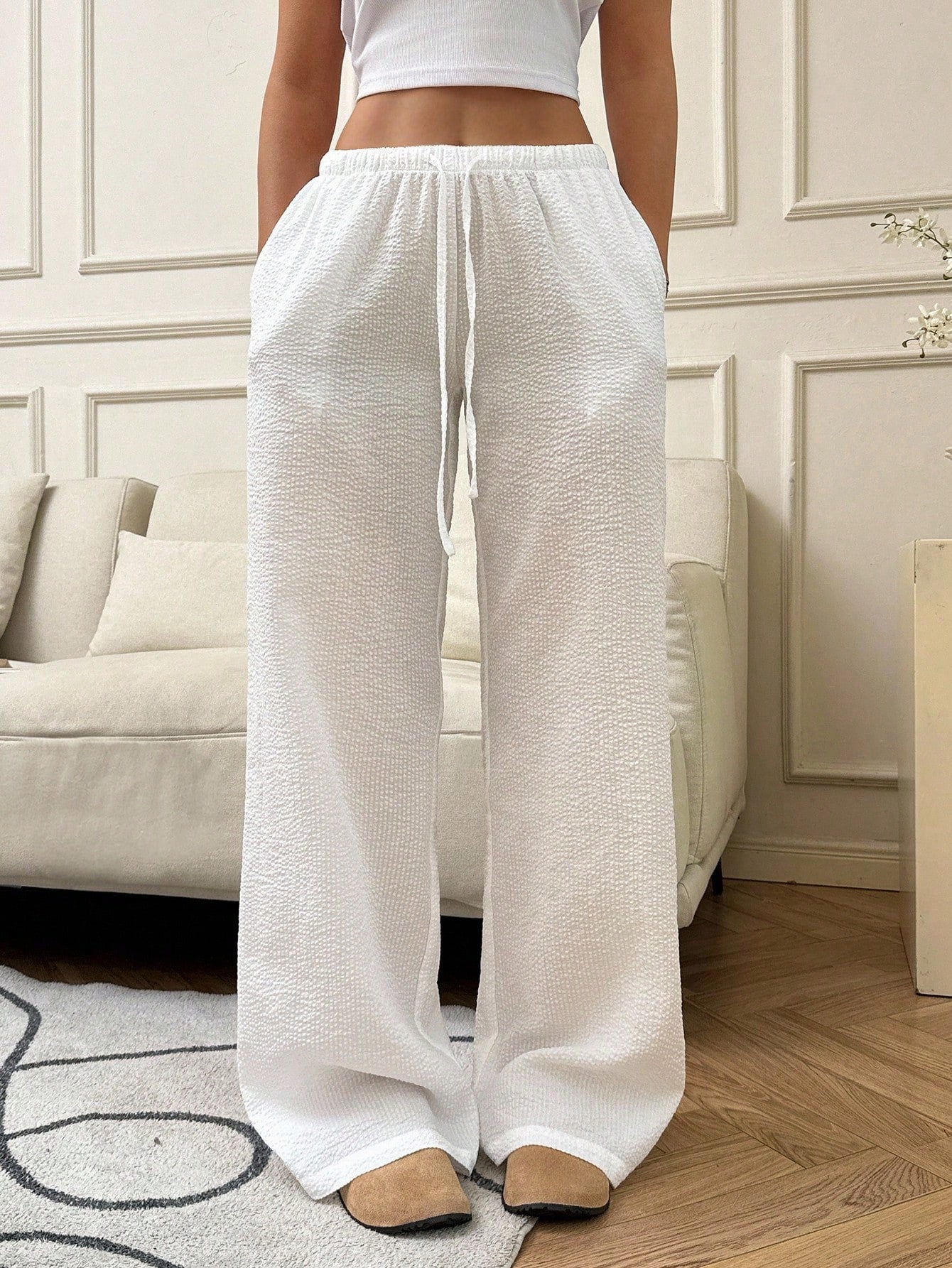 Flirla Pink Cotton Drawstring Waist Straight Leg Pants, Fashion Casual Home Wear For Women, Spring Fall Cloth For Women