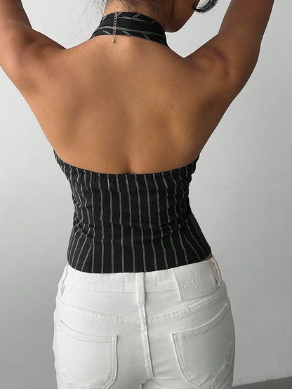 Aloruh Women Cotton Striped Stand Collar Single-Breasted Vest Thin Blazer