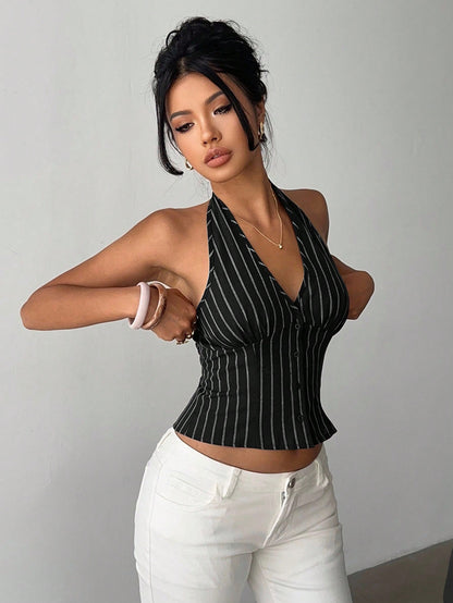 Aloruh Women Cotton Striped Stand Collar Single-Breasted Vest Thin Blazer