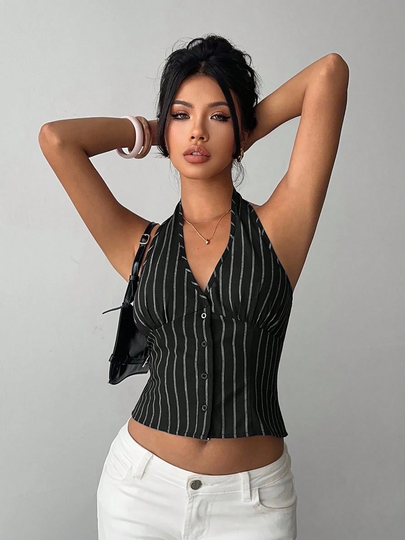 Aloruh Women Cotton Striped Stand Collar Single-Breasted Vest Thin Blazer