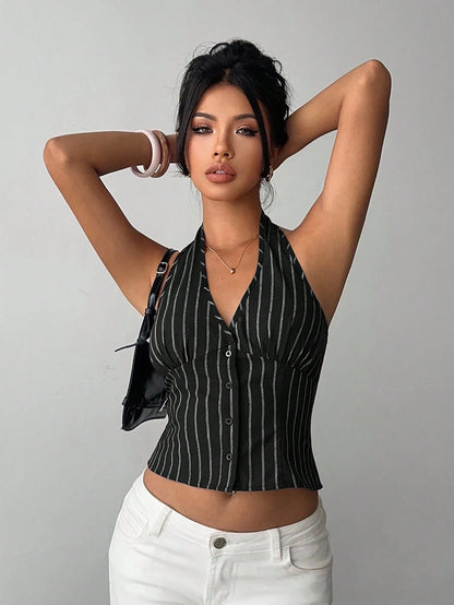 Aloruh Women Cotton Striped Stand Collar Single-Breasted Vest Thin Blazer