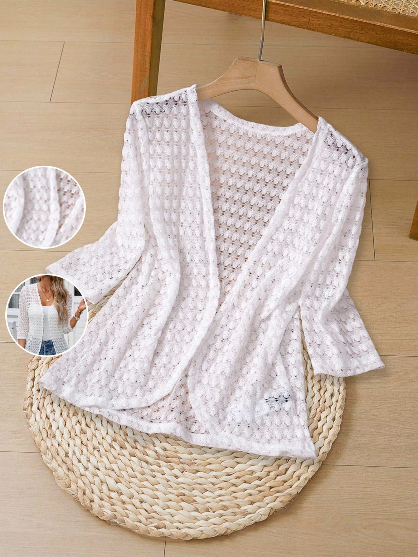 EMERY ROSE Women's Vacation Casual Solid Color Hollow-Out Knit Cardigan