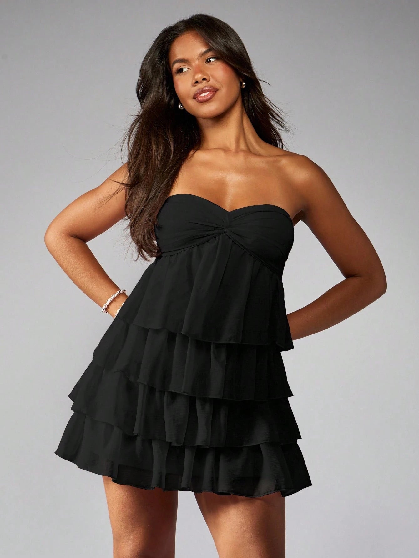 MISSGUIDED Strapless Mini Dress Tiered Ruffle Party Cocktail Wedding Guest Bridesmaid Twist Front Empire Waist