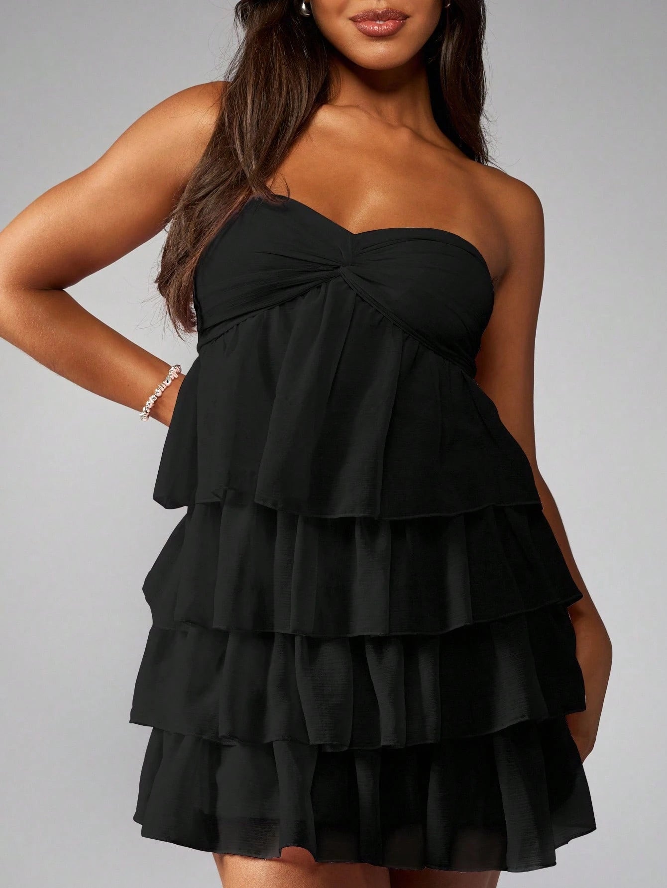 MISSGUIDED Strapless Mini Dress Tiered Ruffle Party Cocktail Wedding Guest Bridesmaid Twist Front Empire Waist