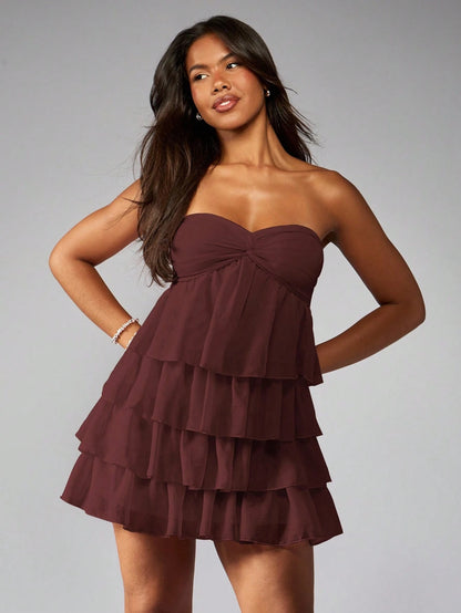 MISSGUIDED Strapless Mini Dress Tiered Ruffle Party Cocktail Wedding Guest Bridesmaid Twist Front Empire Waist