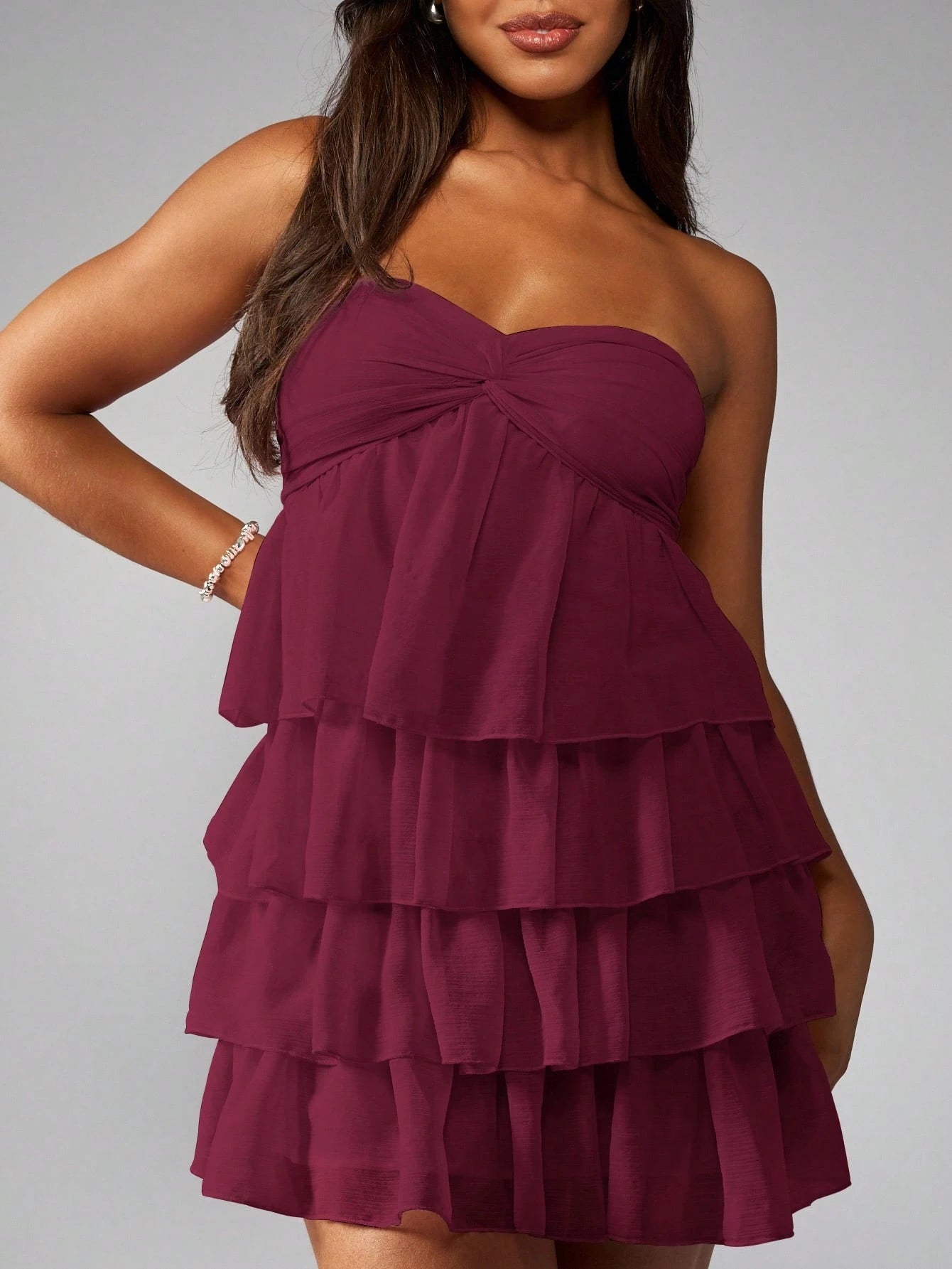 MISSGUIDED Strapless Mini Dress Tiered Ruffle Party Cocktail Wedding Guest Bridesmaid Twist Front Empire Waist
