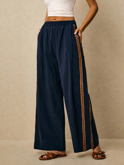 Poéselle Women's Wide Leg Loose Casual Pants With Sun Embroidered Pockets,Vacation Outfits Woman,Beach Vacation,Embroidered Pants,Summer Outfits For Women Vacation Outfits Women Resort Wear