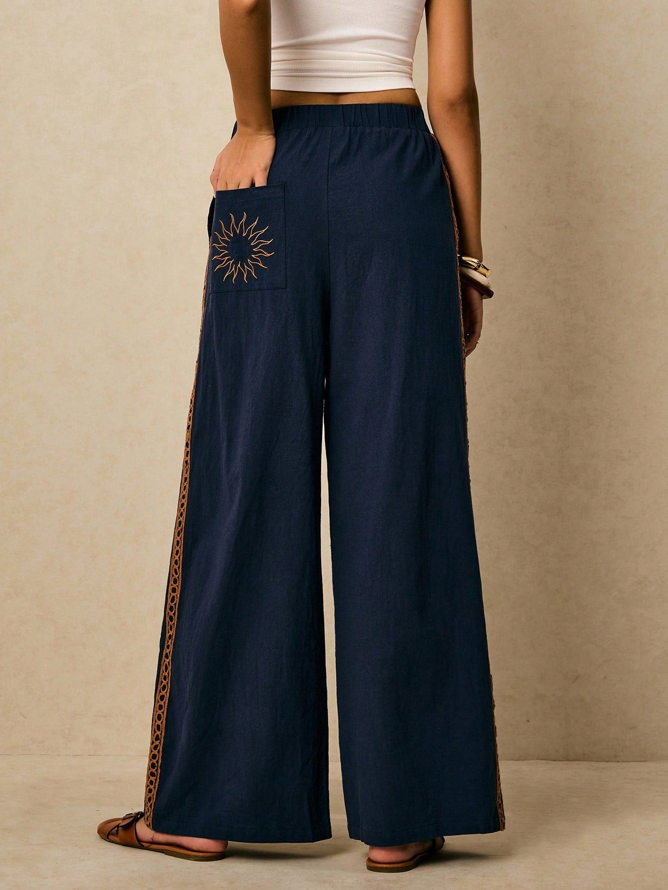 Poéselle Women's Wide Leg Loose Casual Pants With Sun Embroidered Pockets,Vacation Outfits Woman,Beach Vacation,Embroidered Pants,Summer Outfits For Women Vacation Outfits Women Resort Wear