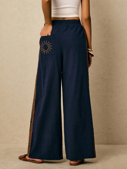 Poéselle Women's Wide Leg Loose Casual Pants With Sun Embroidered Pockets,Vacation Outfits Woman,Beach Vacation,Embroidered Pants,Summer Outfits For Women Vacation Outfits Women Resort Wear