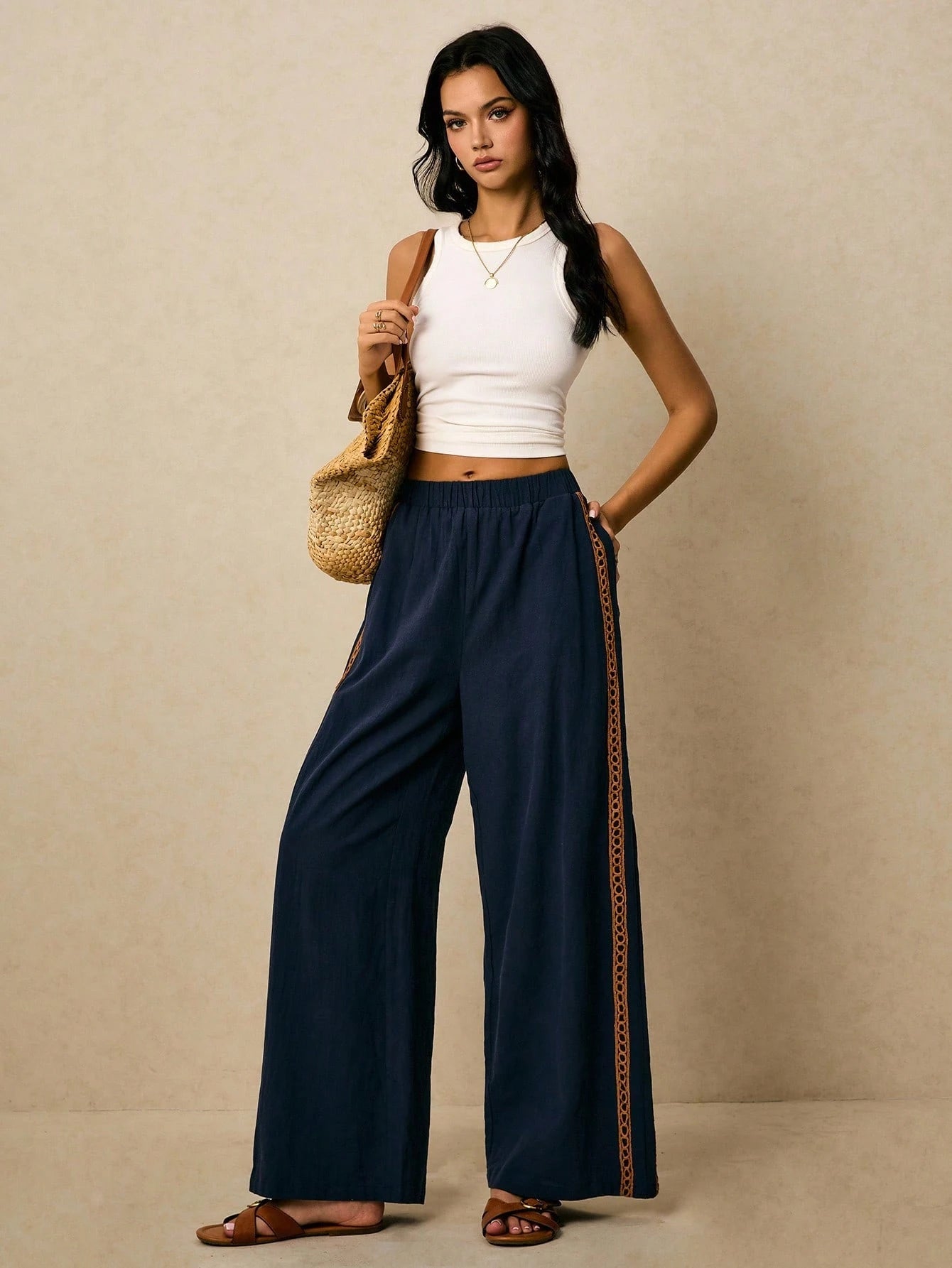 Poéselle Women's Wide Leg Loose Casual Pants With Sun Embroidered Pockets,Vacation Outfits Woman,Beach Vacation,Embroidered Pants,Summer Outfits For Women Vacation Outfits Women Resort Wear
