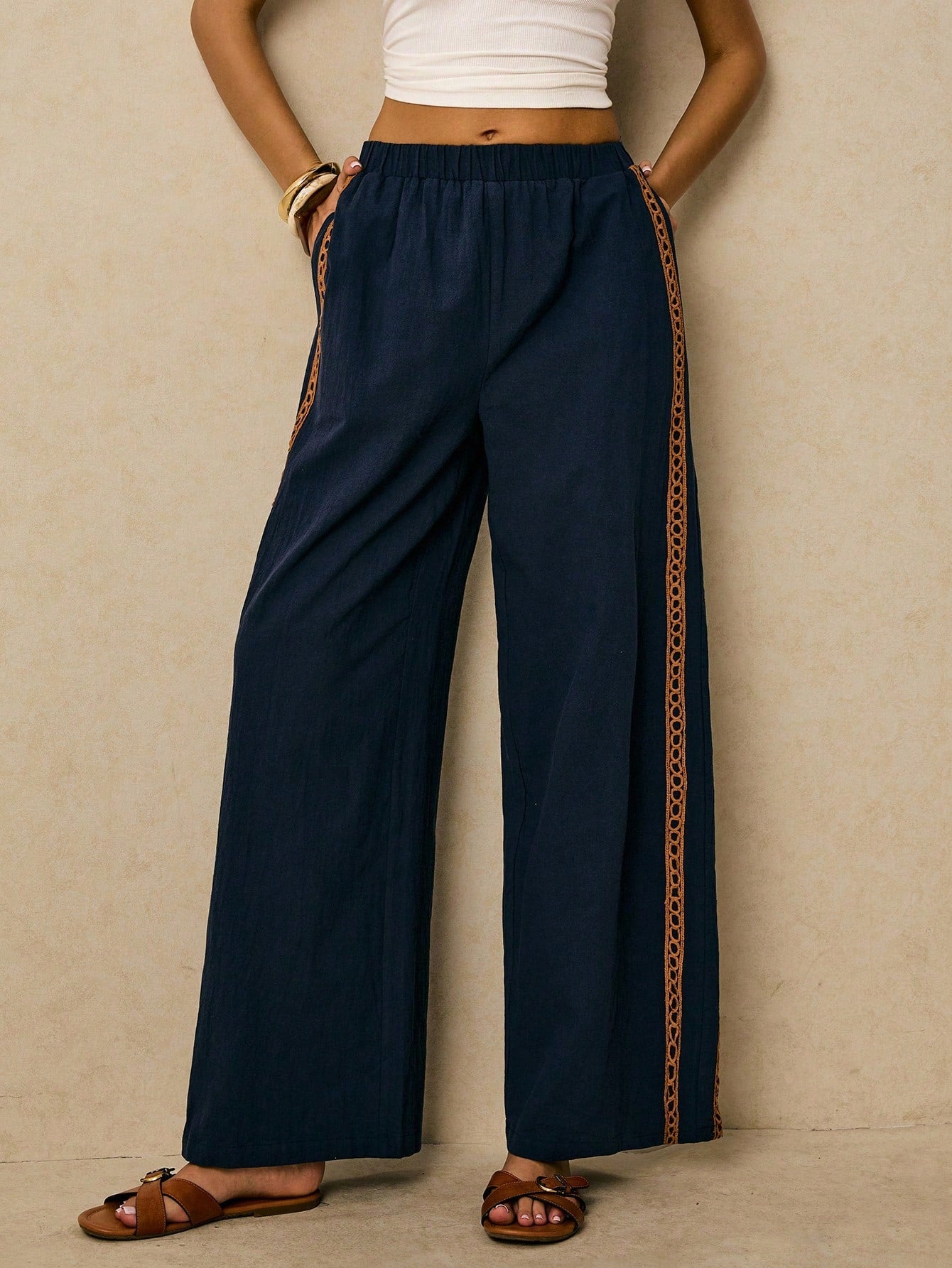 Poéselle Women's Wide Leg Loose Casual Pants With Sun Embroidered Pockets,Vacation Outfits Woman,Beach Vacation,Embroidered Pants,Summer Outfits For Women Vacation Outfits Women Resort Wear