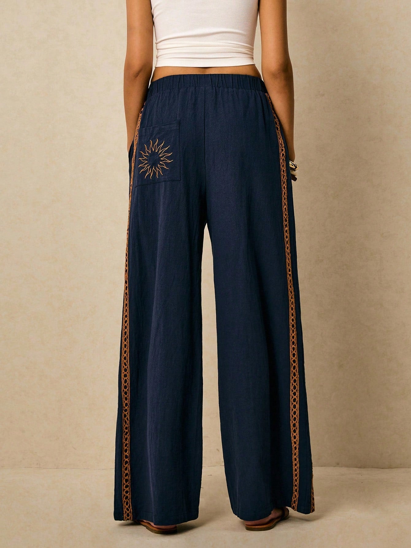 Poéselle Women's Wide Leg Loose Casual Pants With Sun Embroidered Pockets,Vacation Outfits Woman,Beach Vacation,Embroidered Pants,Summer Outfits For Women Vacation Outfits Women Resort Wear