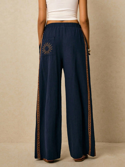 Poéselle Women's Wide Leg Loose Casual Pants With Sun Embroidered Pockets,Vacation Outfits Woman,Beach Vacation,Embroidered Pants,Summer Outfits For Women Vacation Outfits Women Resort Wear