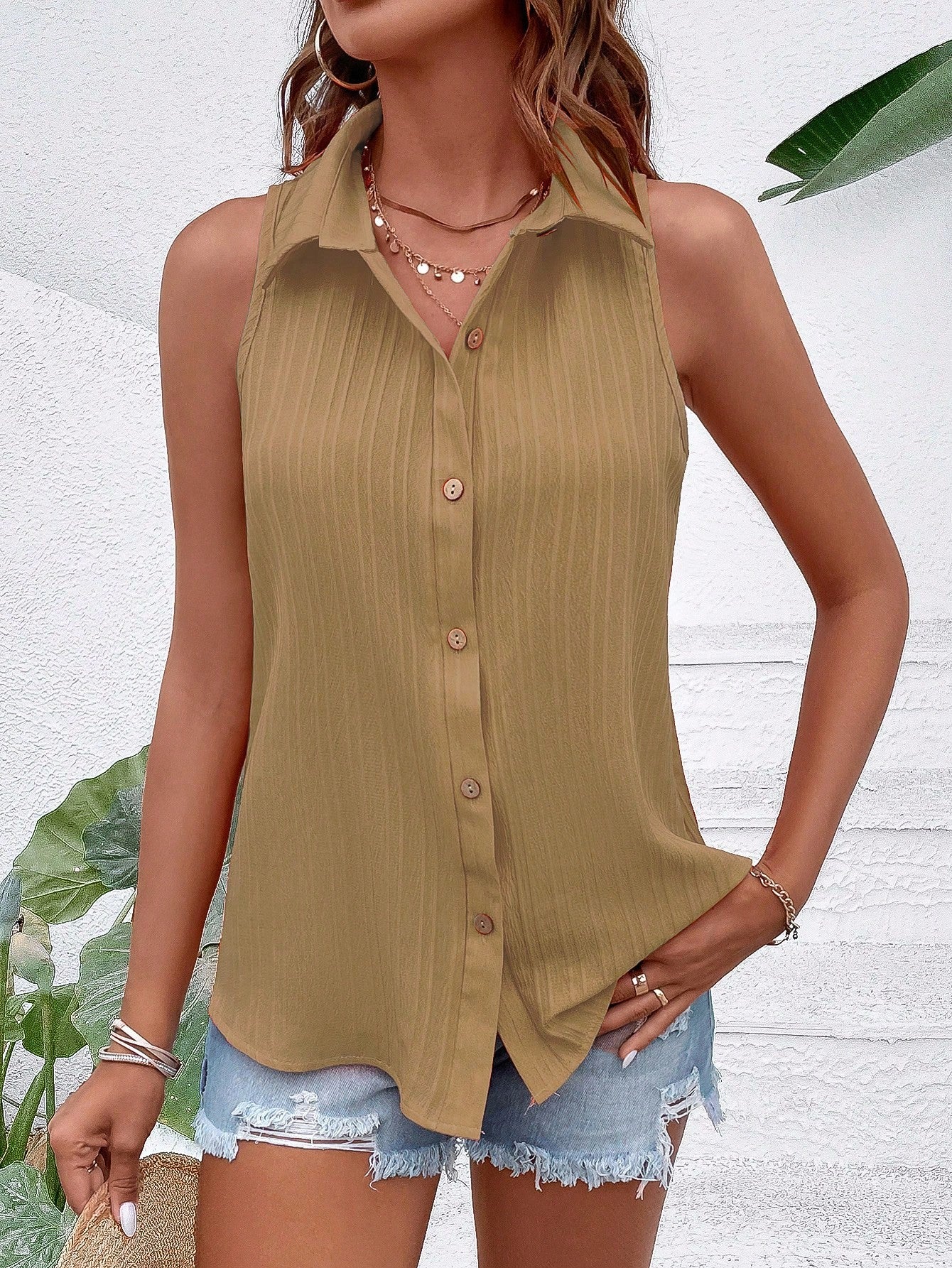 EMERY ROSE Sleeveless Button-Up Minimalist Casual Blouse Women Shirt