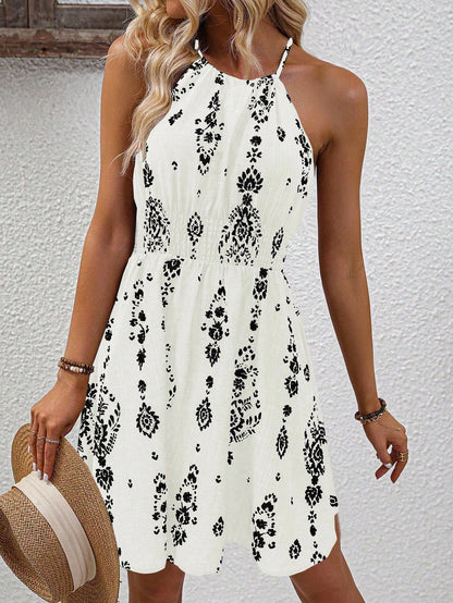 SHEIN Clasi Women's Printed A-Line Cinching Waist Vacation & Daily Casual Halter Dress