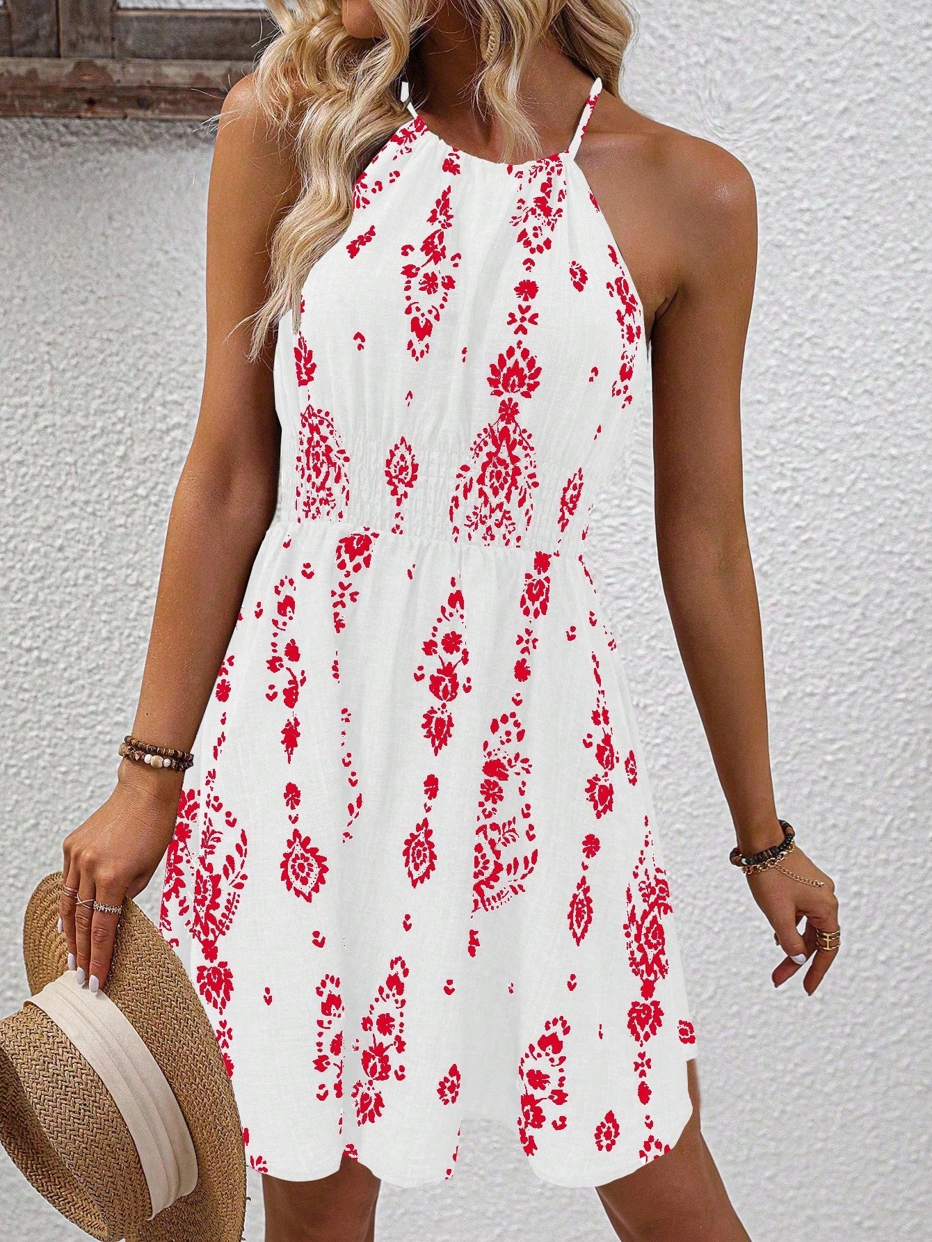 SHEIN Clasi Women's Printed A-Line Cinching Waist Vacation & Daily Casual Halter Dress