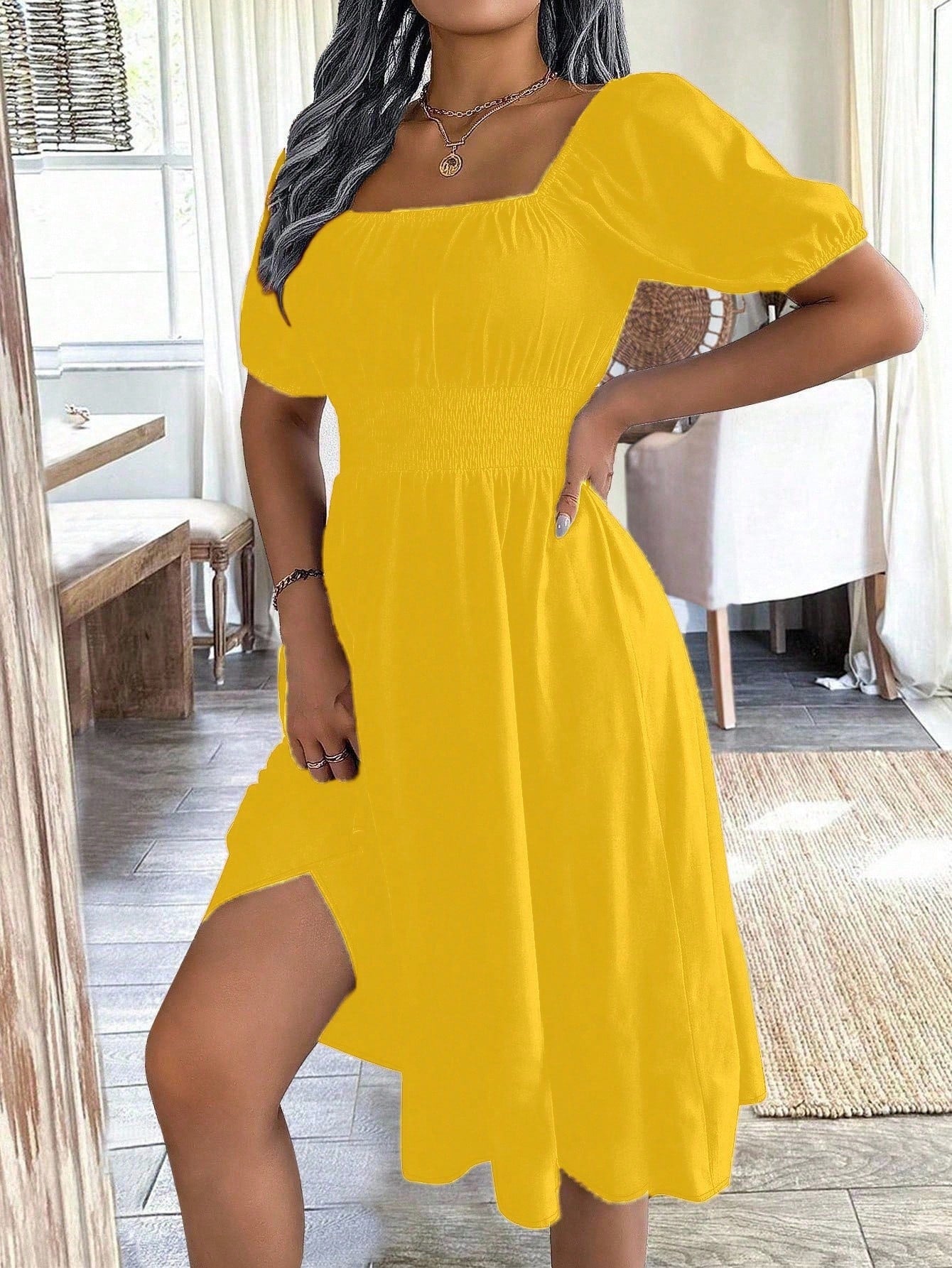 Chiquease 1pc Women Square Collar Puff Sleeve Cinched Waist Palazzo Green Dress, Spring/Summer