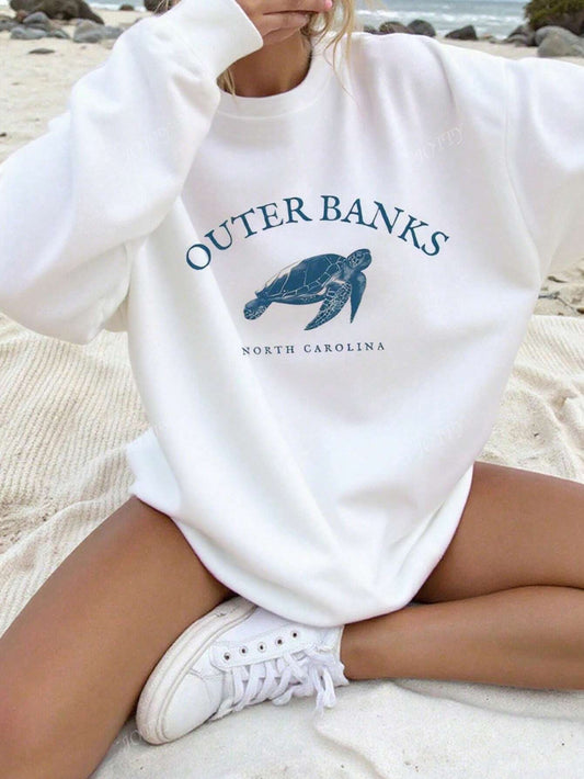 Graphic Turtle And Ocean Print Fall Pullover, Casual Crew Neck Long Sleeve High Quality Fleece Sweatshirt For Women