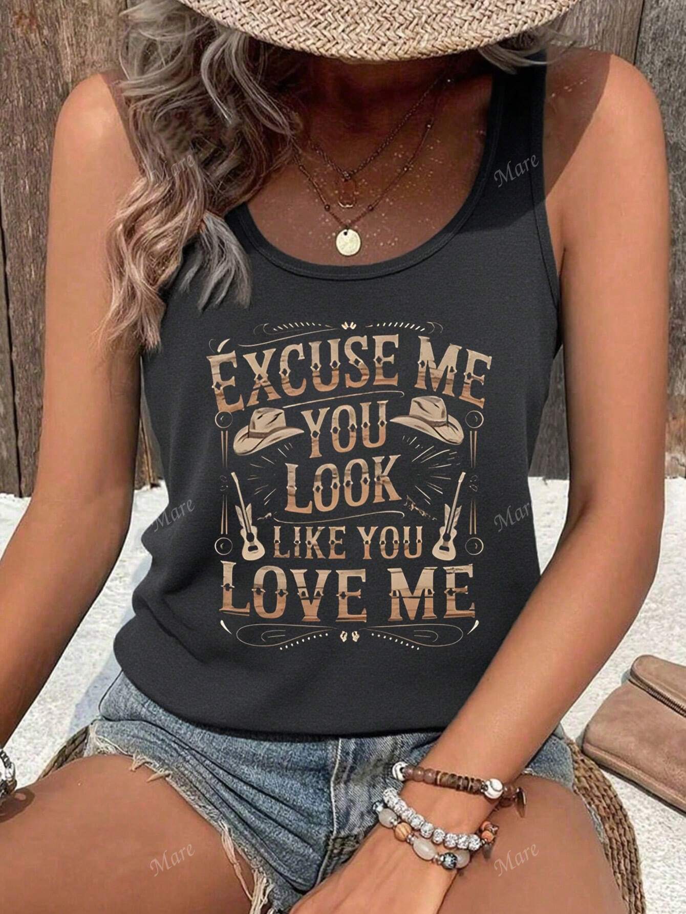 Vintage Western Style Women Tank Top With Slogan Print, Summer