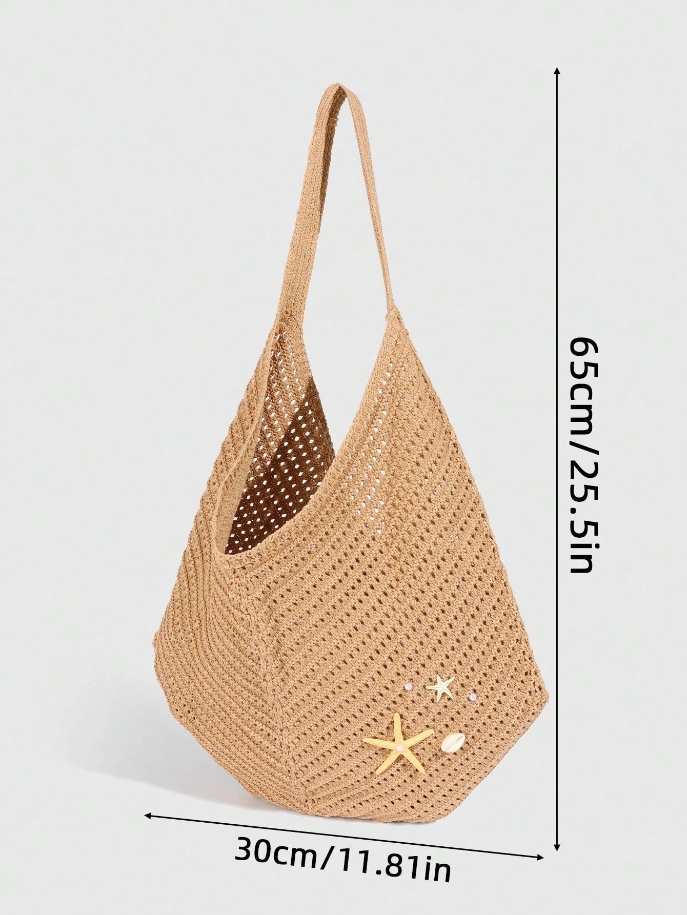 ROMWE Fairycore 1pc Tropical Ocean Beach Resort Style Woven Hollow Khaki Women Shoulder Tote Bag, Large Capacity