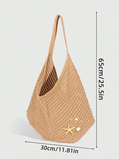 ROMWE Fairycore 1pc Tropical Ocean Beach Resort Style Woven Hollow Khaki Women Shoulder Tote Bag, Large Capacity