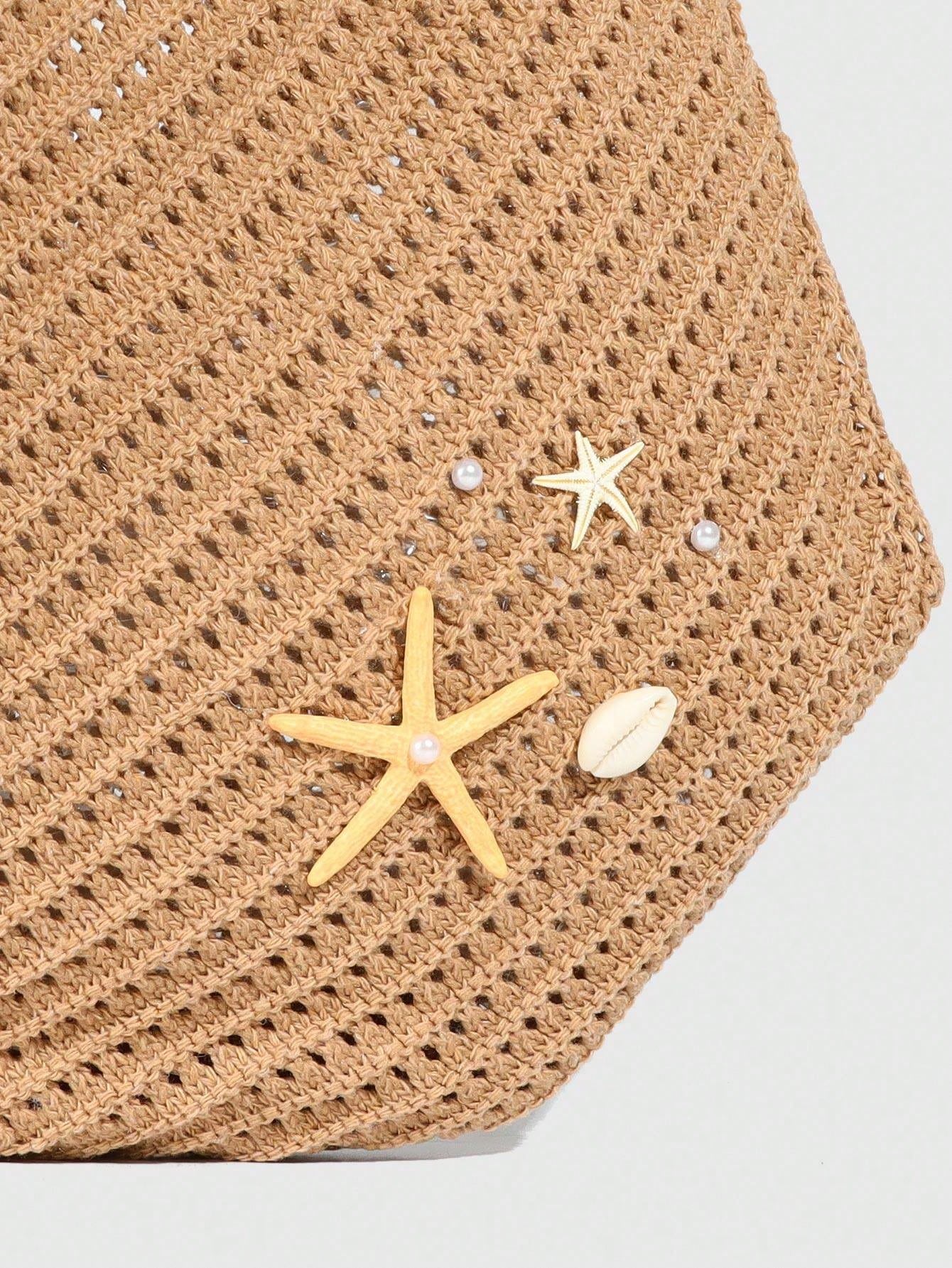 ROMWE Fairycore 1pc Tropical Ocean Beach Resort Style Woven Hollow Khaki Women Shoulder Tote Bag, Large Capacity