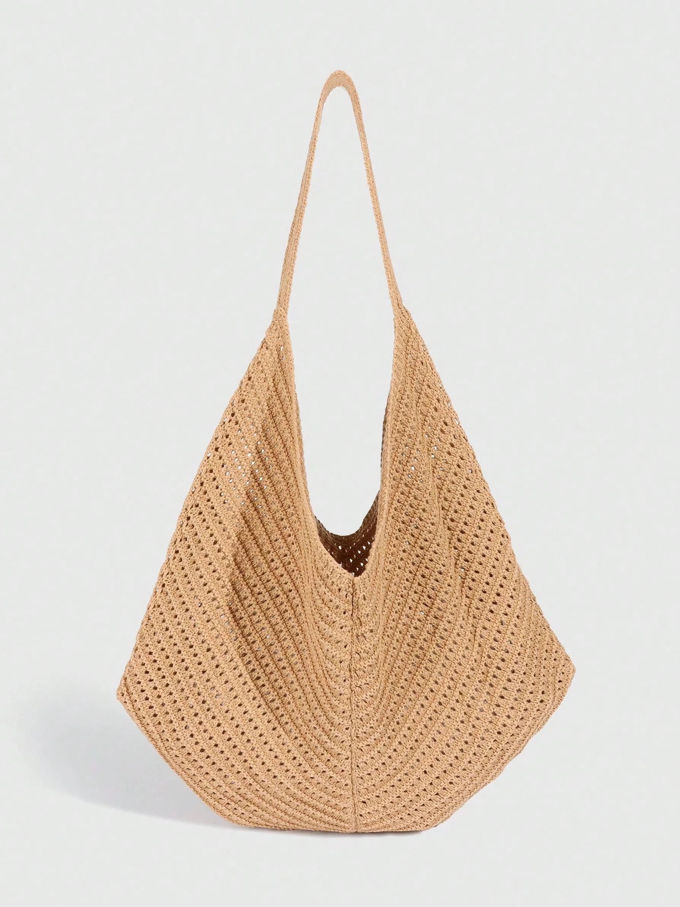 ROMWE Fairycore 1pc Tropical Ocean Beach Resort Style Woven Hollow Khaki Women Shoulder Tote Bag, Large Capacity