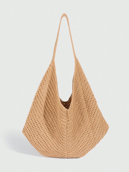 ROMWE Fairycore 1pc Tropical Ocean Beach Resort Style Woven Hollow Khaki Women Shoulder Tote Bag, Large Capacity