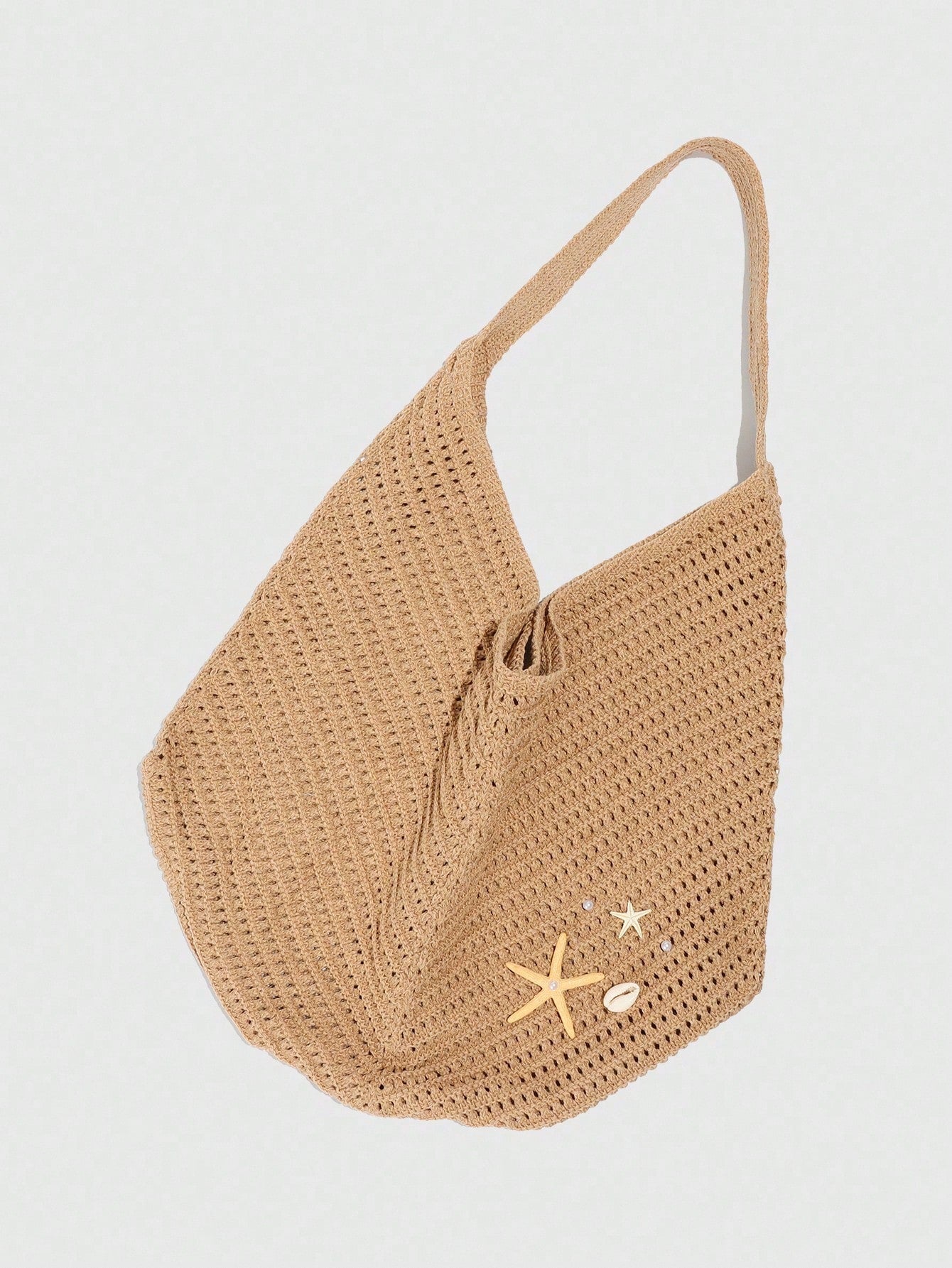 ROMWE Fairycore 1pc Tropical Ocean Beach Resort Style Woven Hollow Khaki Women Shoulder Tote Bag, Large Capacity