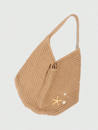 ROMWE Fairycore 1pc Tropical Ocean Beach Resort Style Woven Hollow Khaki Women Shoulder Tote Bag, Large Capacity