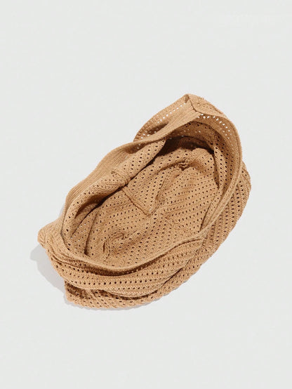 ROMWE Fairycore 1pc Tropical Ocean Beach Resort Style Woven Hollow Khaki Women Shoulder Tote Bag, Large Capacity