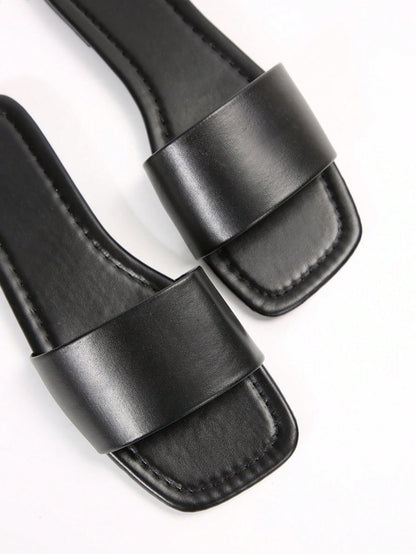 Women's Leather Flat Slide Sandals, Black Lightweight Soft Bottom Low Heel Slip-On Mule Sandals For Summer Casual Wear